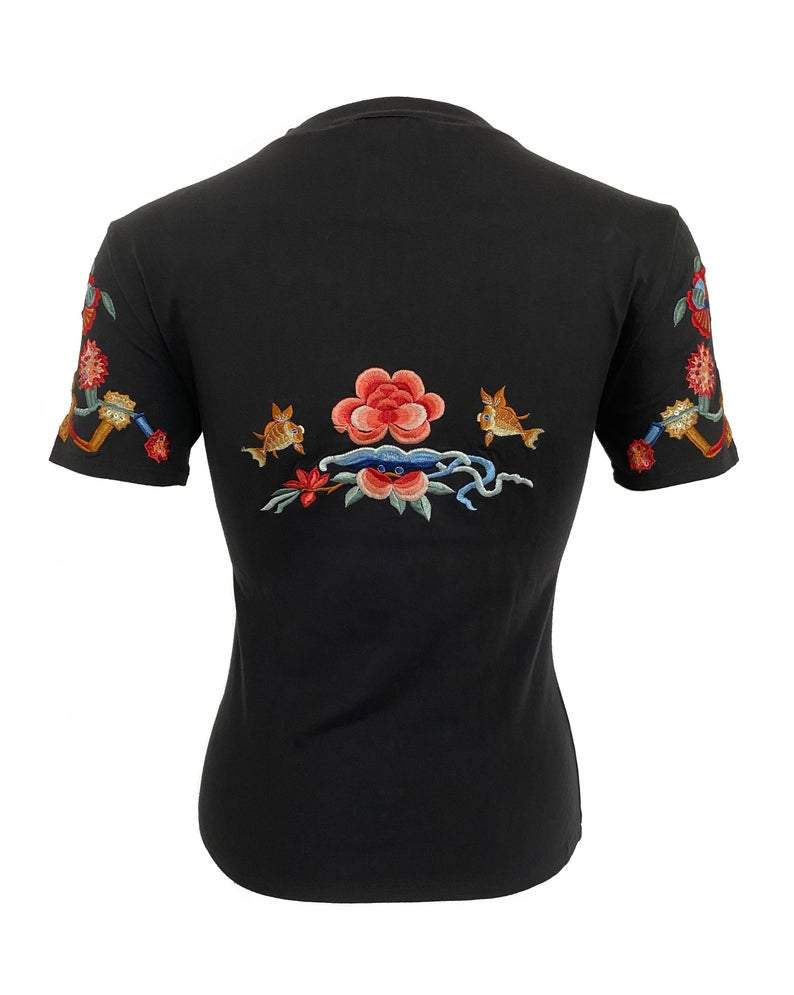 Fruit Vintage rare Christian Dior J'adore Dior logo tee featuring an Asian floral embroidered design. The embroidery includes delicate sequins.