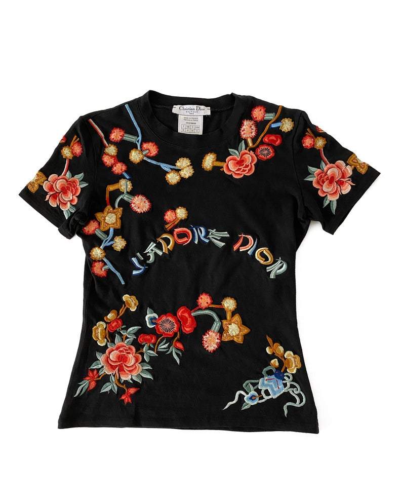 Fruit Vintage rare Christian Dior J'adore Dior logo tee featuring an Asian floral embroidered design. The embroidery includes delicate sequins.