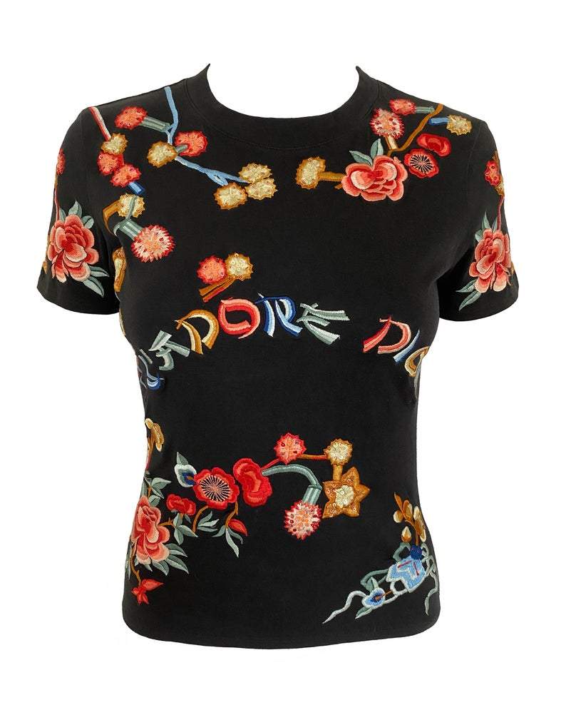Fruit Vintage rare Christian Dior J'adore Dior logo tee featuring an Asian floral embroidered design. The embroidery includes delicate sequins.