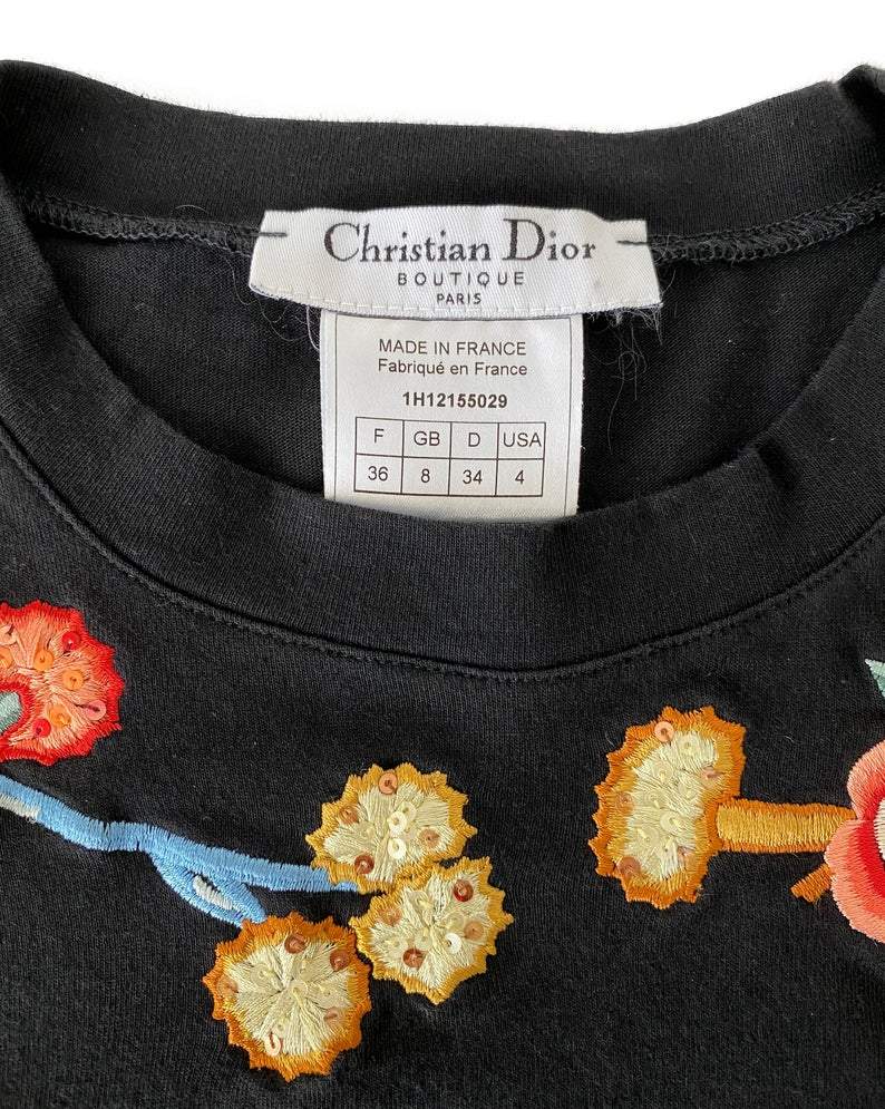 Fruit Vintage rare Christian Dior J'adore Dior logo tee featuring an Asian floral embroidered design. The embroidery includes delicate sequins.