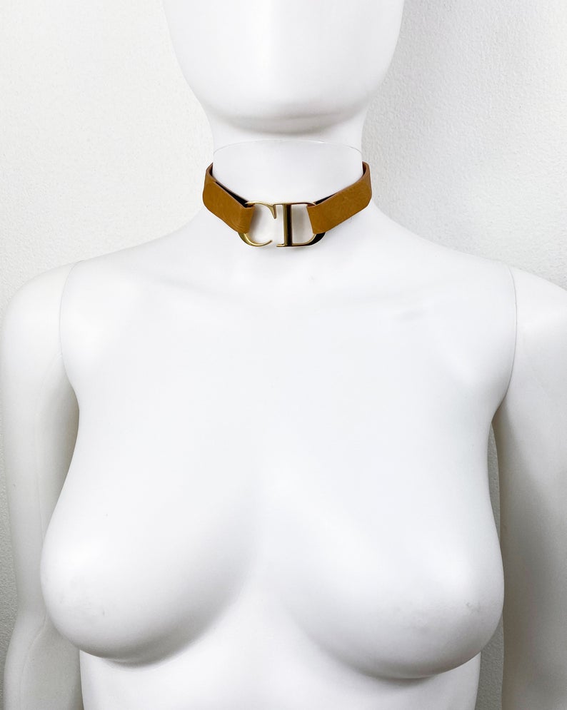 Fruit Vintage Christian Dior rare CD logo leather choker designed by John Galliano, dating to the iconic Fall/Winter 2000 collection.