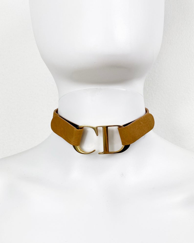 Fruit Vintage Christian Dior rare CD logo leather choker designed by John Galliano, dating to the iconic Fall/Winter 2000 collection.