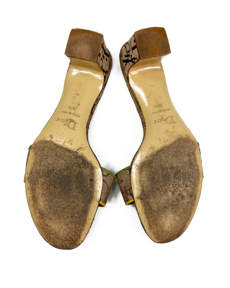 Fruit Vintage Christian Dior rasta logo kitten heel mules in monogram canvas. They feature the iconic Dior number in leather appliqué and racing stripes in cotton twill.