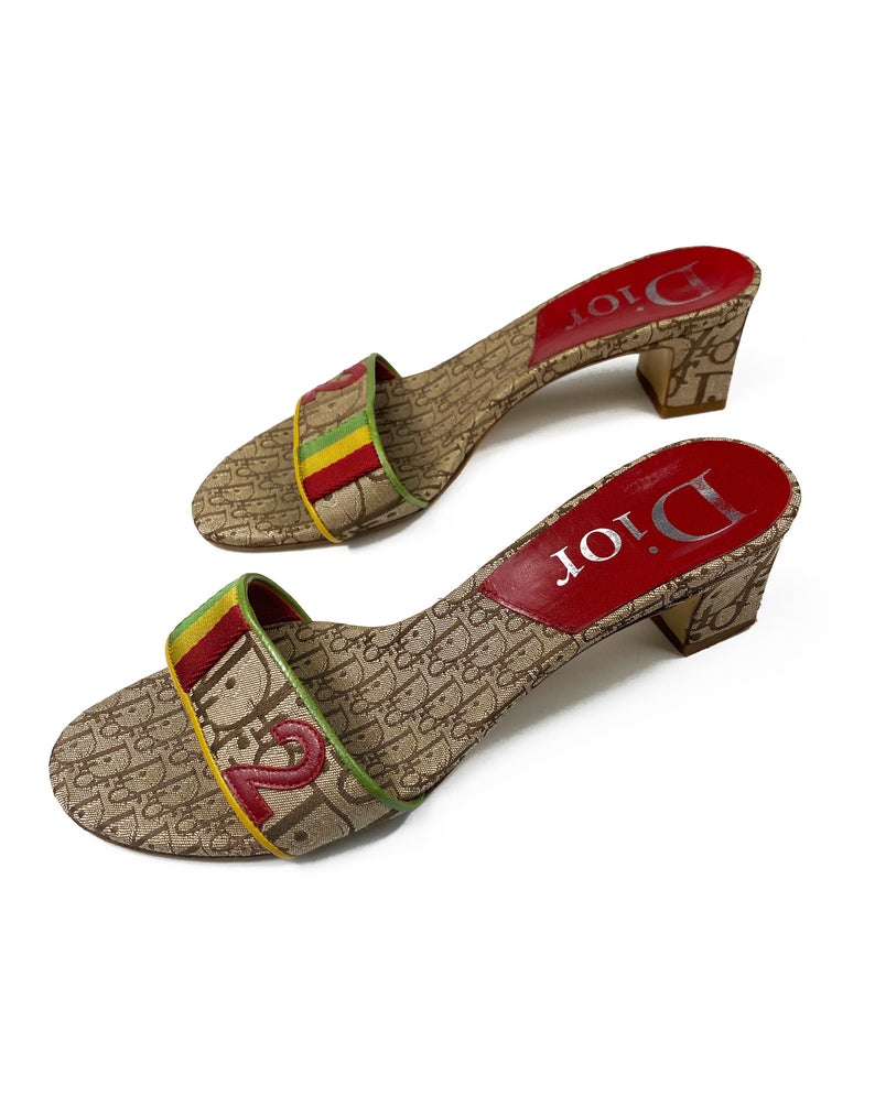 Fruit Vintage Christian Dior rasta logo kitten heel mules in monogram canvas. They feature the iconic Dior number in leather appliqué and racing stripes in cotton twill.