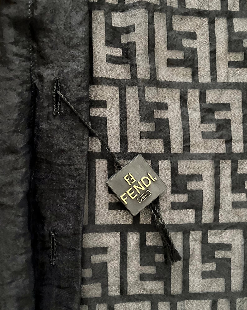 FRUIT vintage Fendi Zucca print button up shirt dating to the early 90s. This cute sheer variation of the classic Fendi Zucca print features a classic button up cut, and Fendi logo button closure.