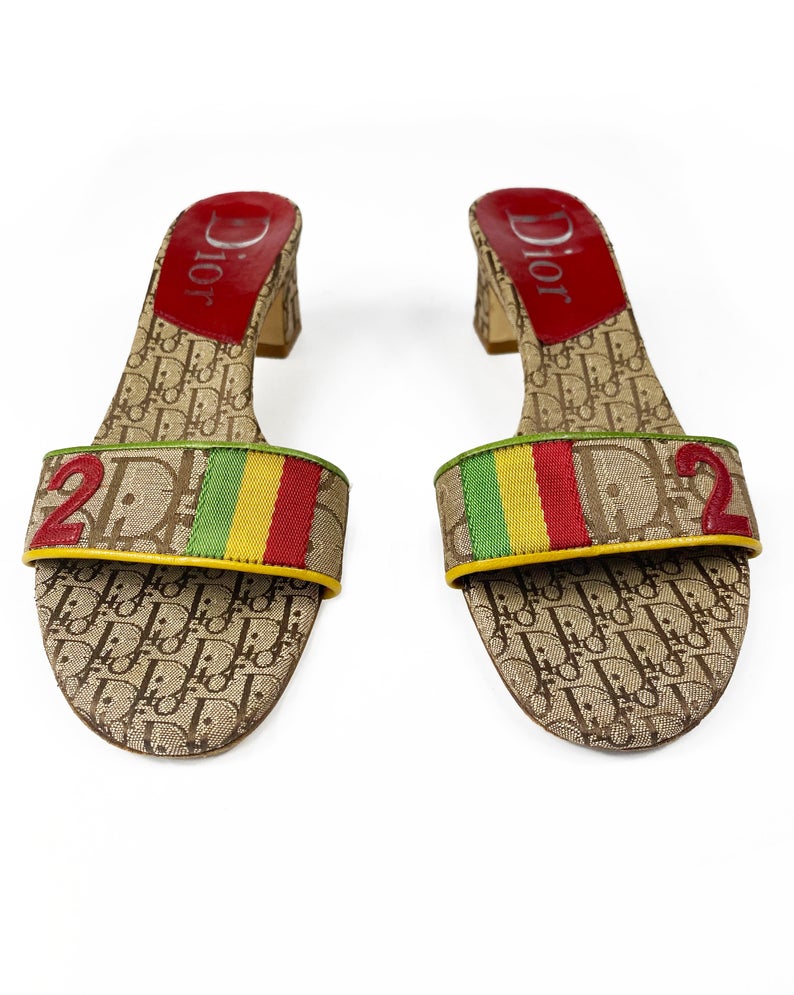 Fruit Vintage Christian Dior rasta logo kitten heel mules in monogram canvas. They feature the iconic Dior number in leather appliqué and racing stripes in cotton twill.
