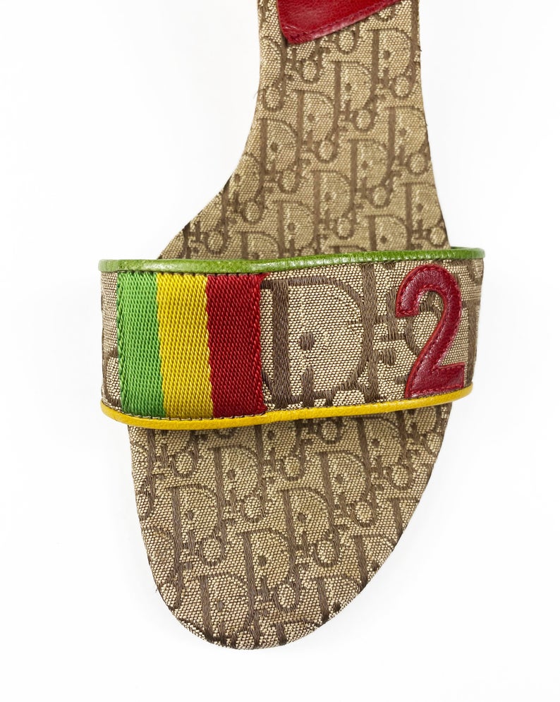 Fruit Vintage Christian Dior rasta logo kitten heel mules in monogram canvas. They feature the iconic Dior number in leather appliqué and racing stripes in cotton twill.