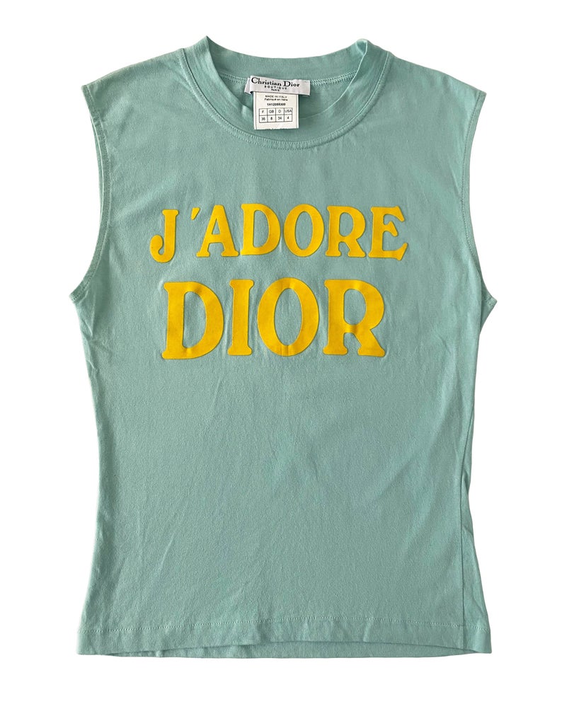 Fruit Vintage Christian Dior J'adore Dior sea foam green blue tank by John Galliano, feature a flocked logo monogram print.
