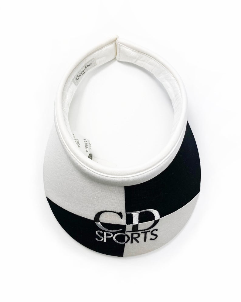 FRUIT Vintage Christian Dior Sport 1980s logo embroidered visor. Made from black and white jersey cotton it features a large CD Sport logo embroidered across the front. Comes with original tags!