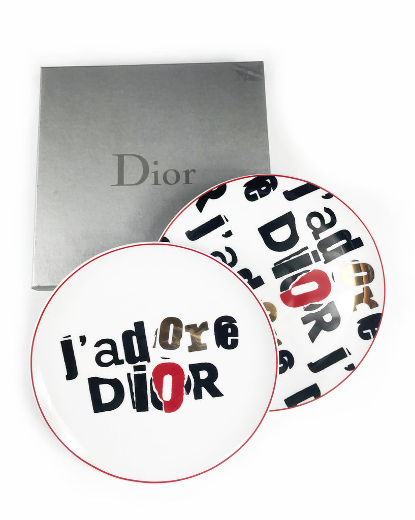 FRUIT Vintage Christian Dior J'adore Dior porcelain plate set. They feature an iconic newspaper cut-out version of the Jadore Dior logo monogram print in black, white and gold.