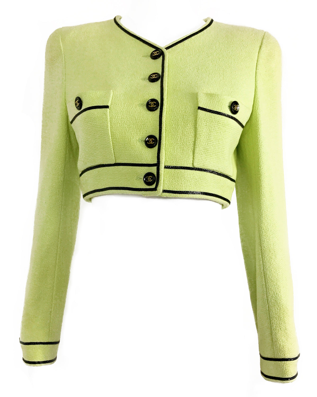 FRUIT Vintage Chanel Spring Summer 1995 Green Boucle Cropped Jacket Karl Lagerfeld Claudia Schiffer