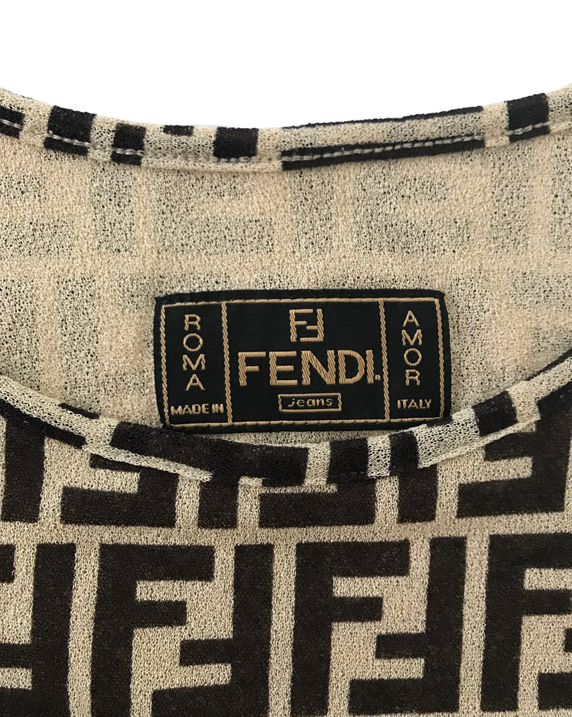 Fruit Vintage Fendi Zucca Print Shift Tank Dress from the 1990s with monogram logo design all over Kylie Jenner fendi dress