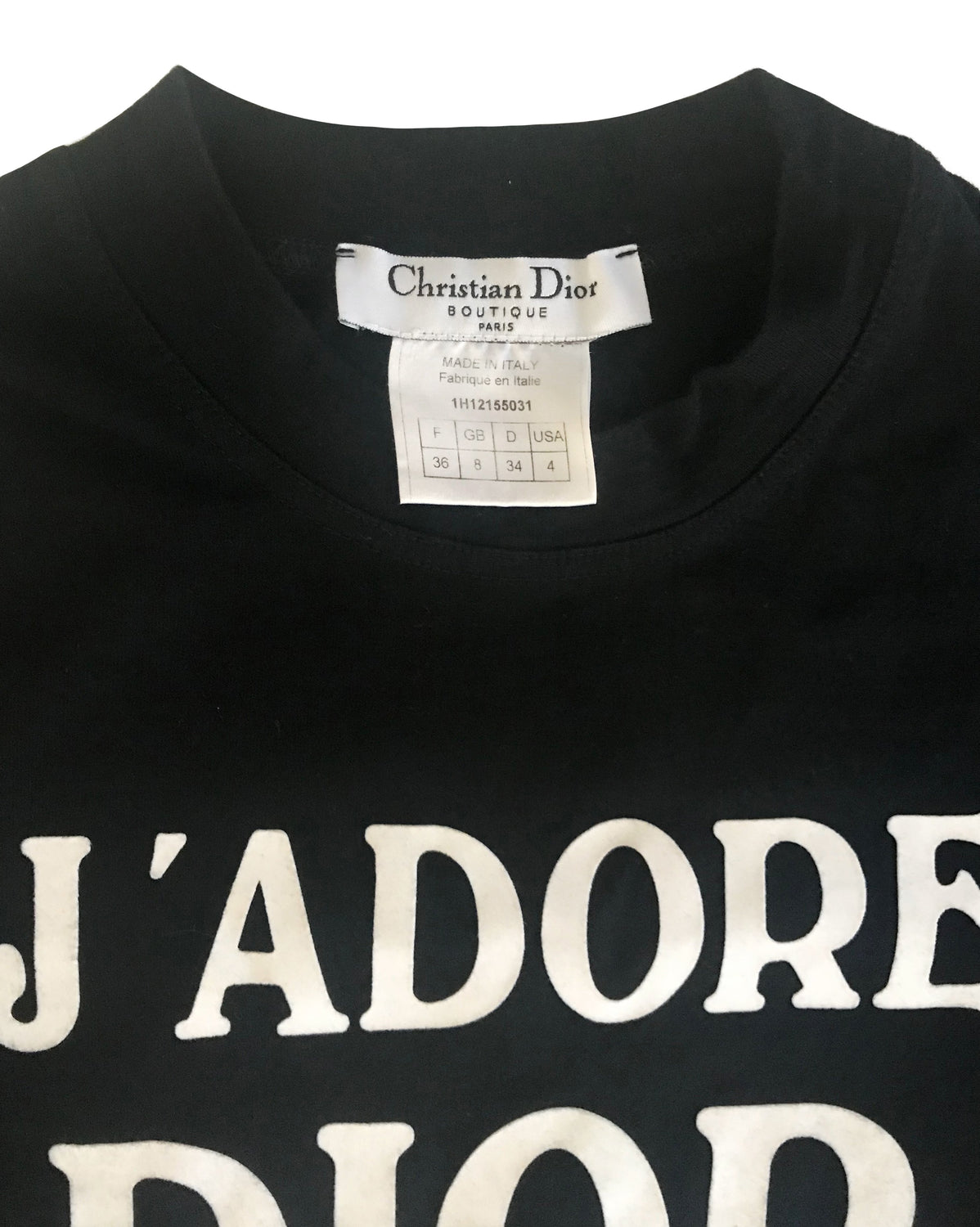 Fruit Vintage Christian Dior Black and White J'adore Dior long sleeve top by John Galliano. Features a classic crew cut and flocked logo print detailing in white front and back, as seen on Sex and the City and Khloe Kardashian.