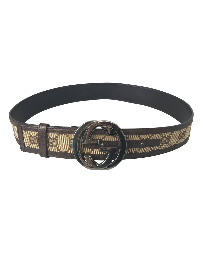 Fruit Vintage Gucci logo belt with gucci monogram canvas inset and brown contrast leather trim and lining and a large Gucci double G buckle at front.