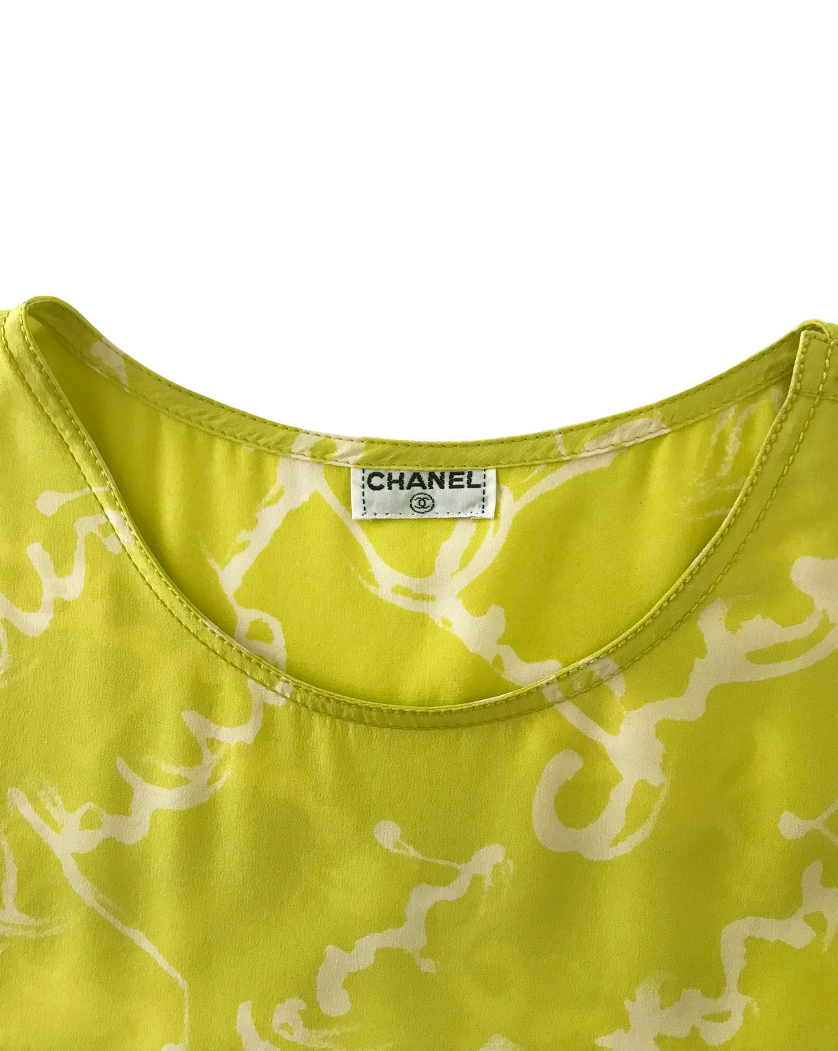 Chanel 1980s Logo Print Chartreuse Silk Blouse