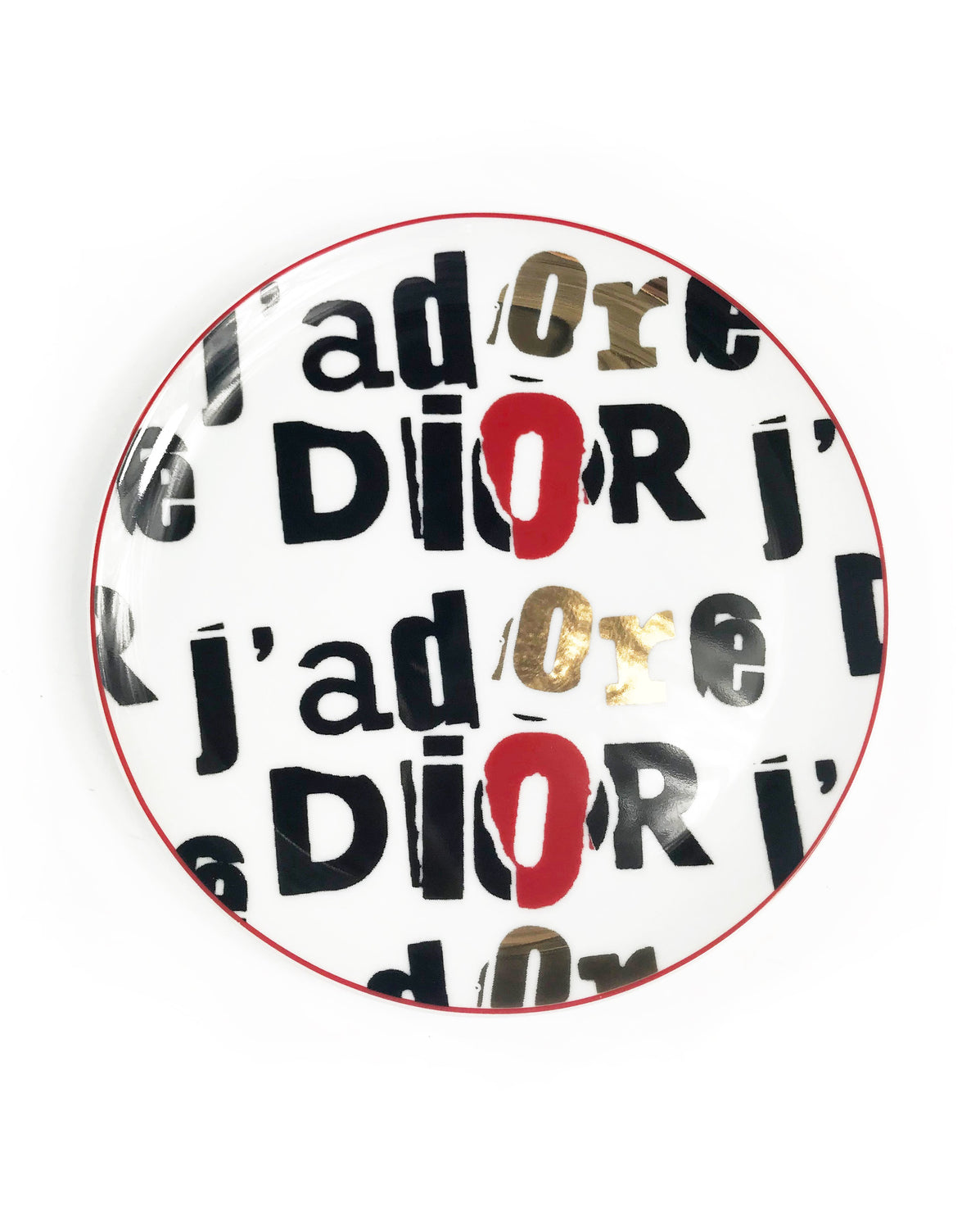 FRUIT Vintage Christian Dior J'adore Dior porcelain plate set. They feature an iconic newspaper cut-out version of the Jadore Dior logo monogram print in black, white and gold.