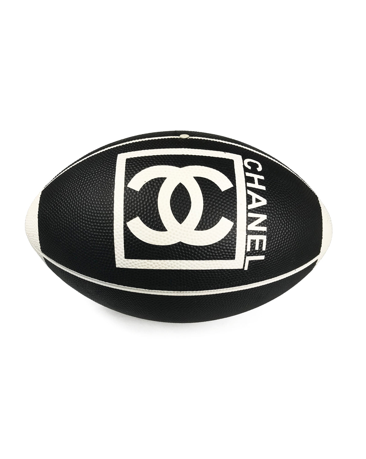 Fruit Vintage rare Chanel 2007 football. This Chanel sport logo foot ball by Karl Lagerfeld is an important Chanel collectors accessory. It features a large Chanel logo and text in black and white