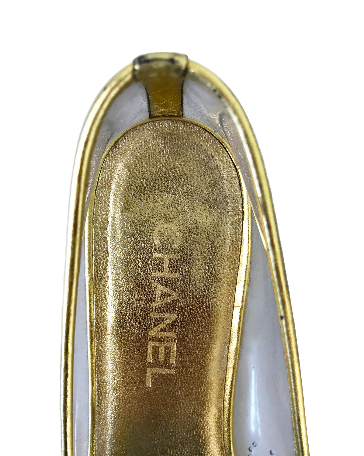 FRUIT Vintage Chanel Gold logo Perspex vinyl ballet flats shoes