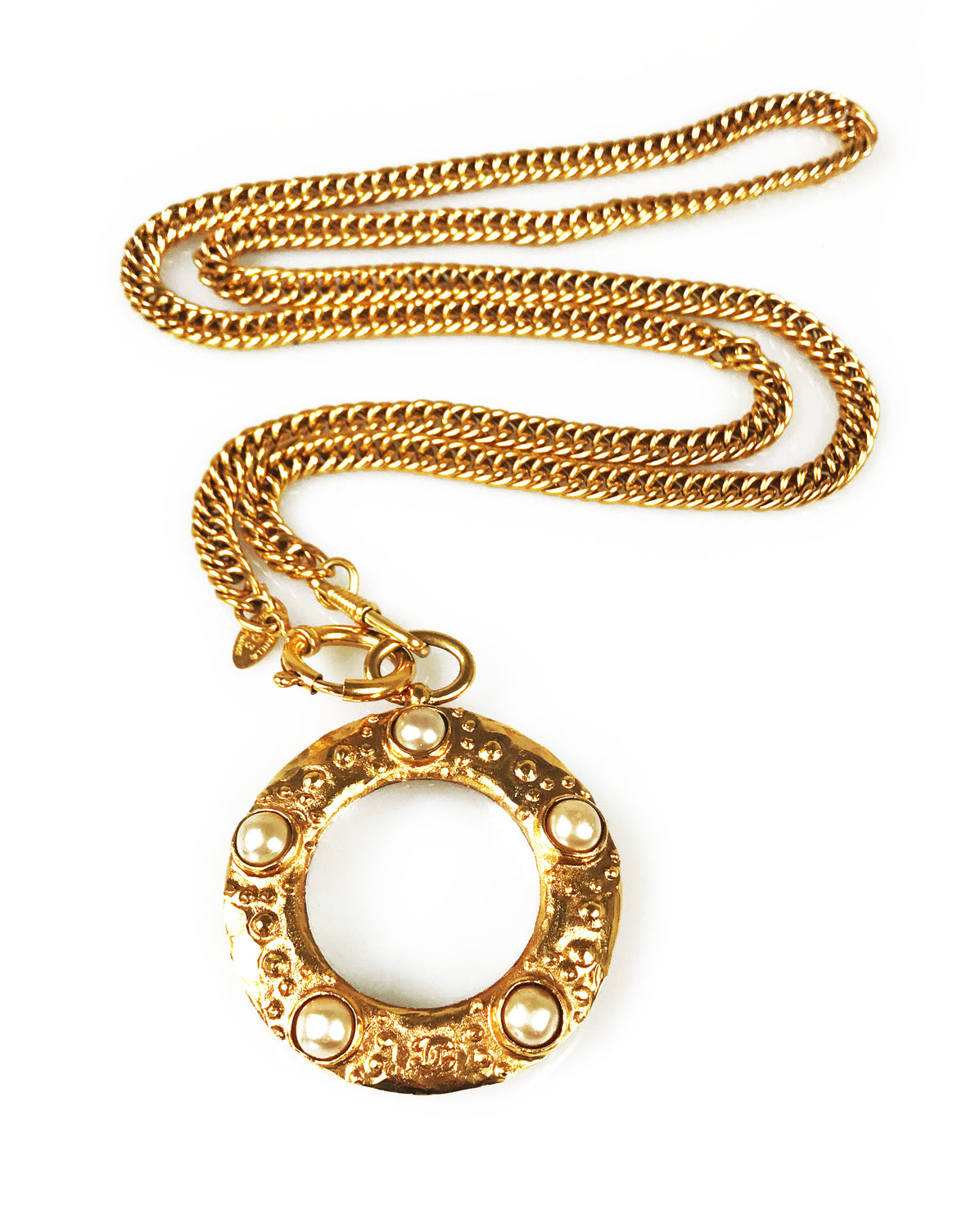 Chanel 1980s Gold Loupe Eyeglass Pendant Necklace FRUIT Vintage