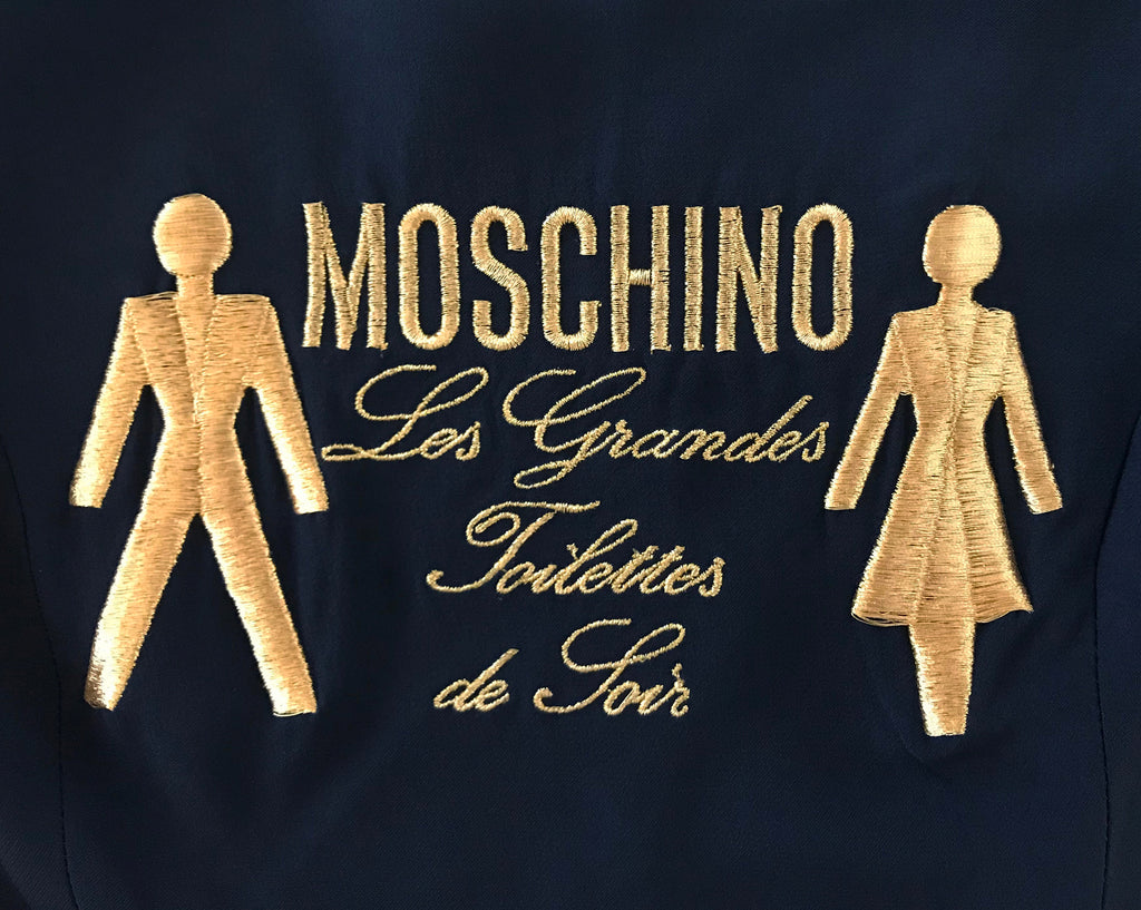 Fruit Vintage Moschino Logo Text Slogan Top Navy Blue Gold Embroidery