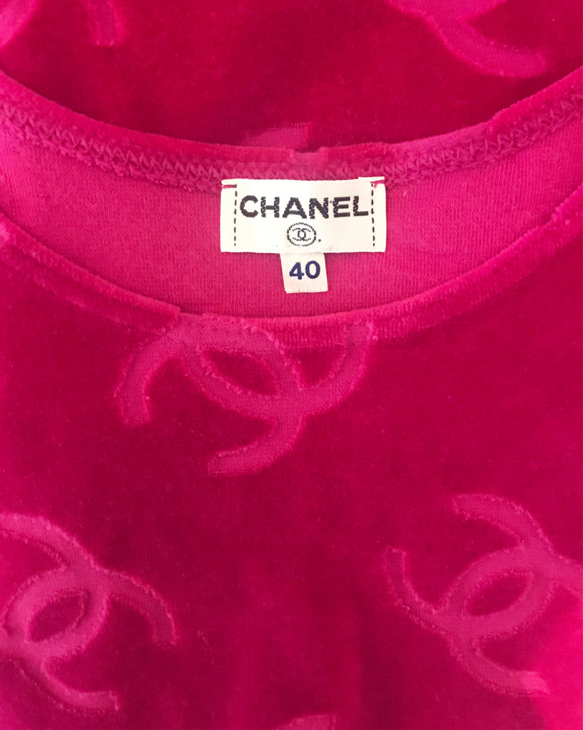 FRUIT Vintage very rare Pink Chanel Logo Velour Tank Dress from the Spring Summer 1996 collection as worn by Kylie Jenner.