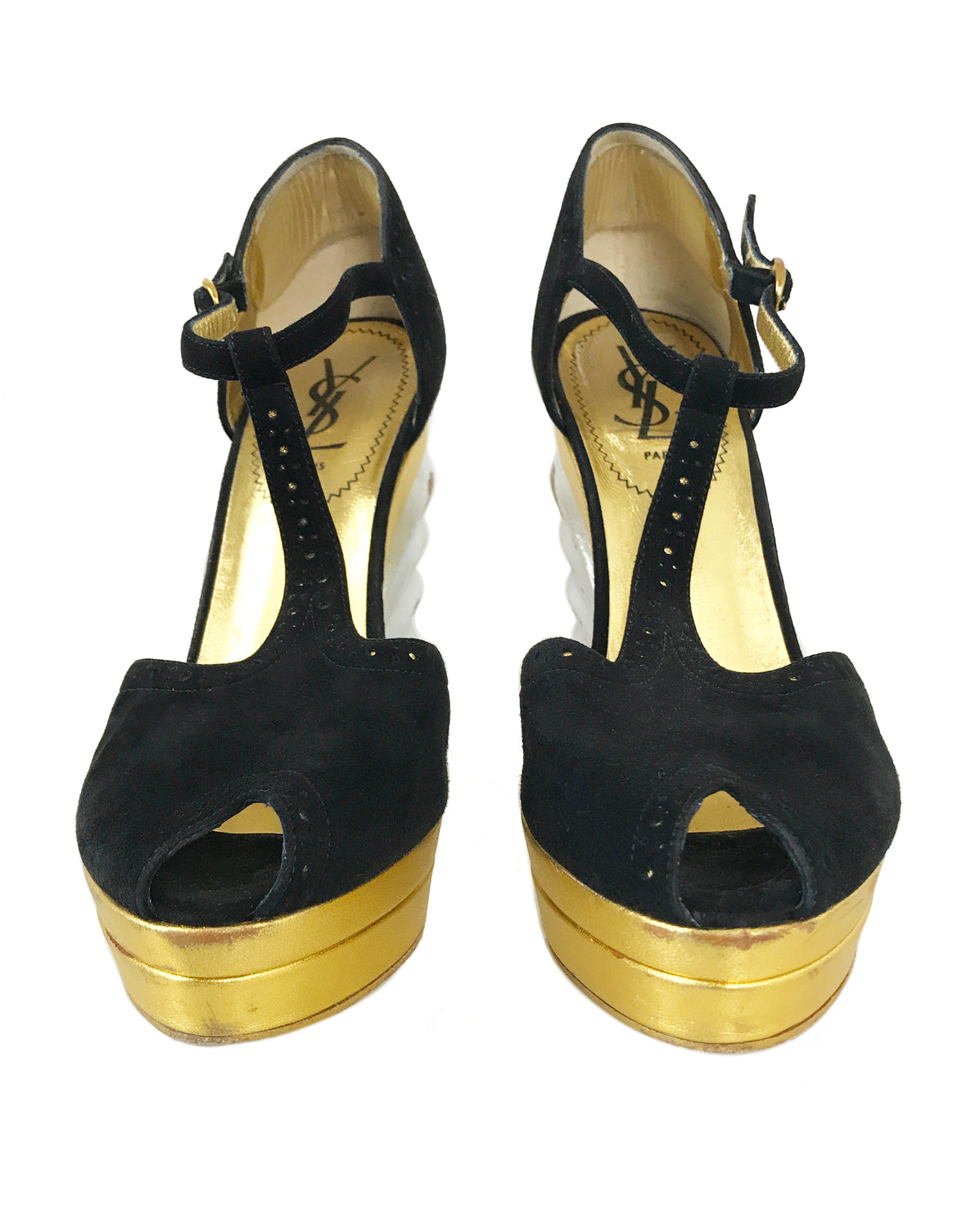 1987 SHOP Vintage Yves Saint Laurent Metallic Disco Wedges shoes gold silver black suede 
