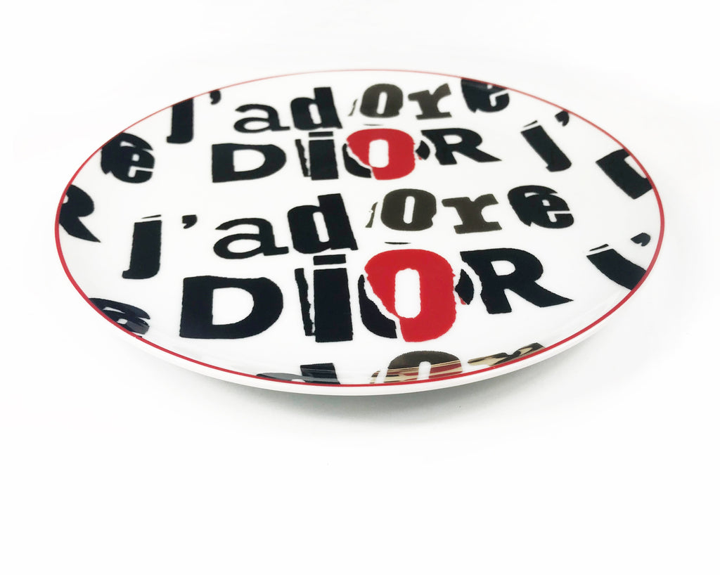 FRUIT Vintage Christian Dior J'adore Dior porcelain plate set. They feature an iconic newspaper cut-out version of the Jadore Dior logo monogram print in black, white and gold.