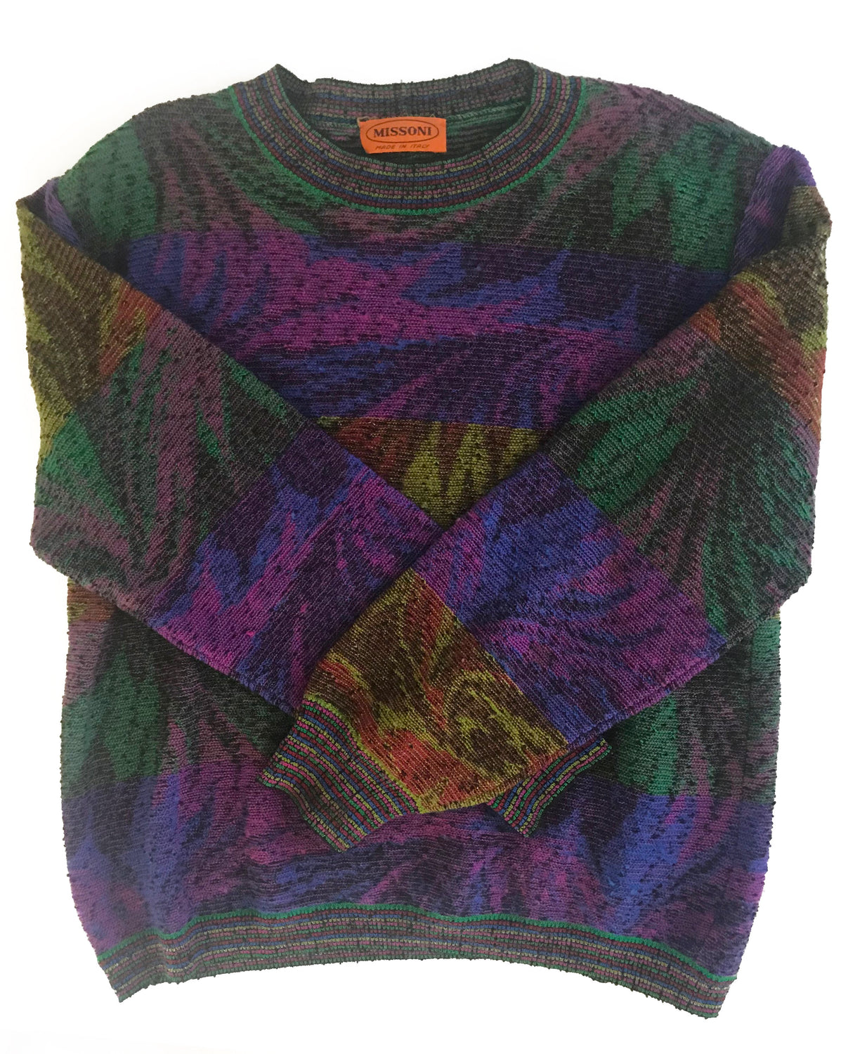 FRUIT Vintage Missoni 1980s knit sweater. Features a custom Missoni colourful print knit and banded cuff and hem.