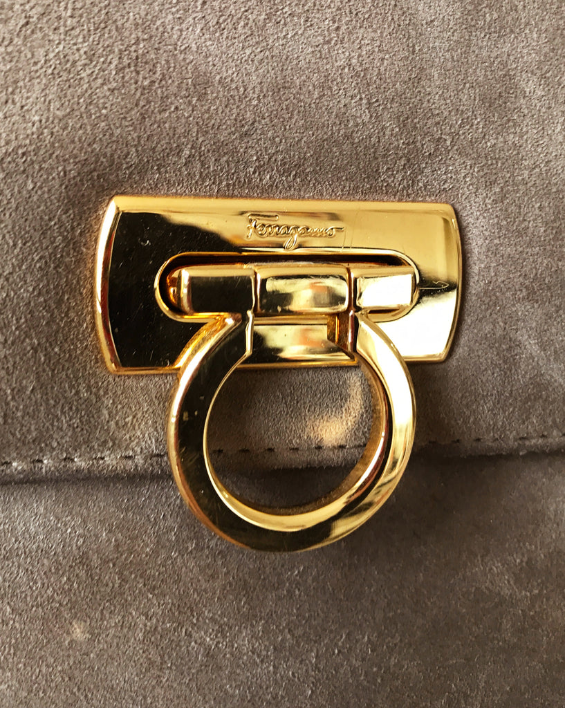 FRUIT Vintage 1980s Taupe Salvatore Ferragamo Cross Body Bag, with Ferragamo logo buckle closure.