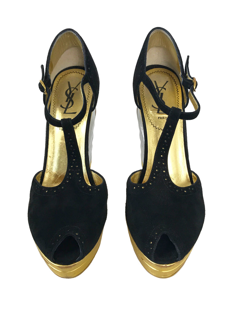 1987 SHOP Vintage Yves Saint Laurent Metallic Disco Wedges shoes gold silver black suede 