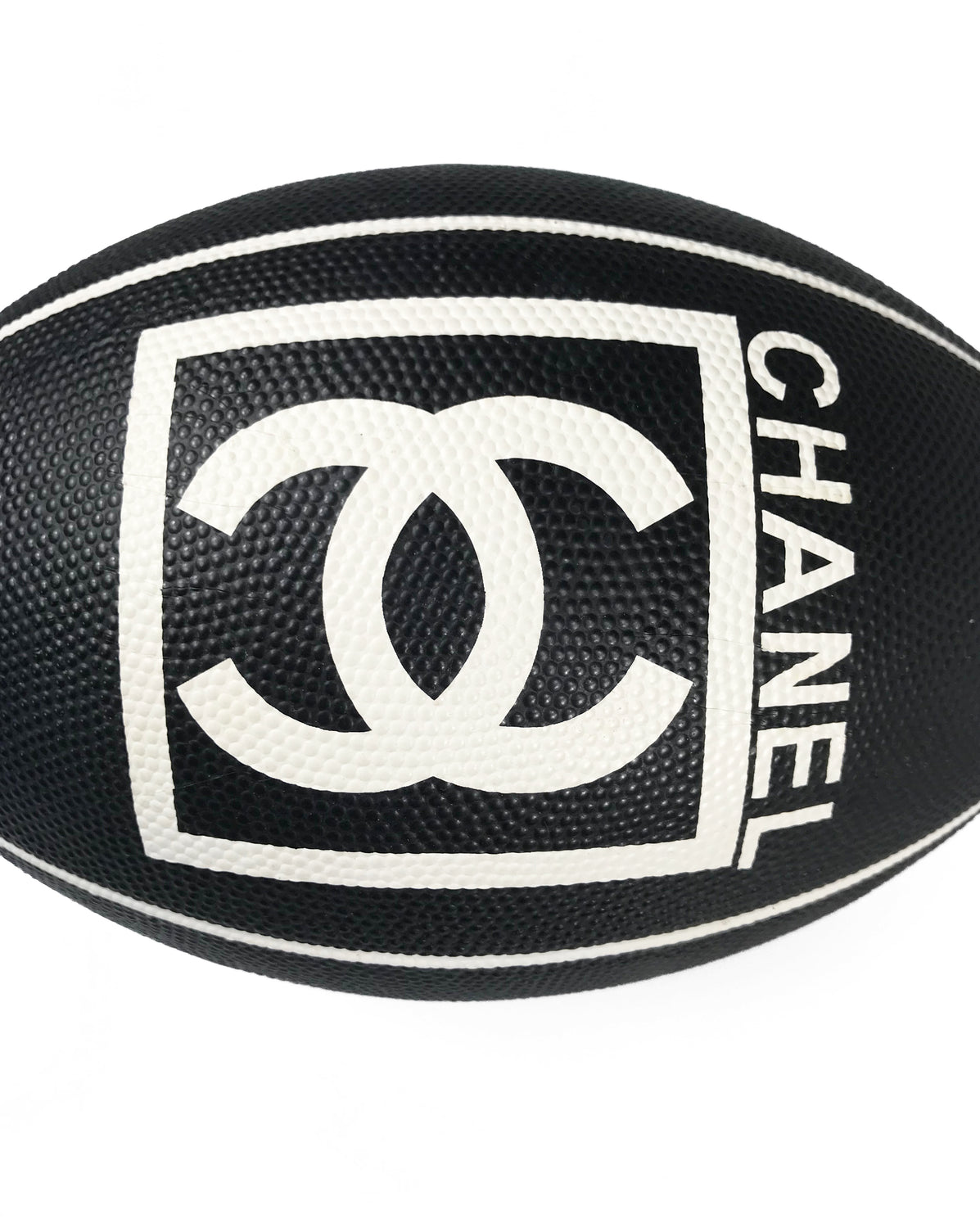 Fruit Vintage rare Chanel 2007 football. This Chanel sport logo foot ball by Karl Lagerfeld is an important Chanel collectors accessory. It features a large Chanel logo and text in black and white