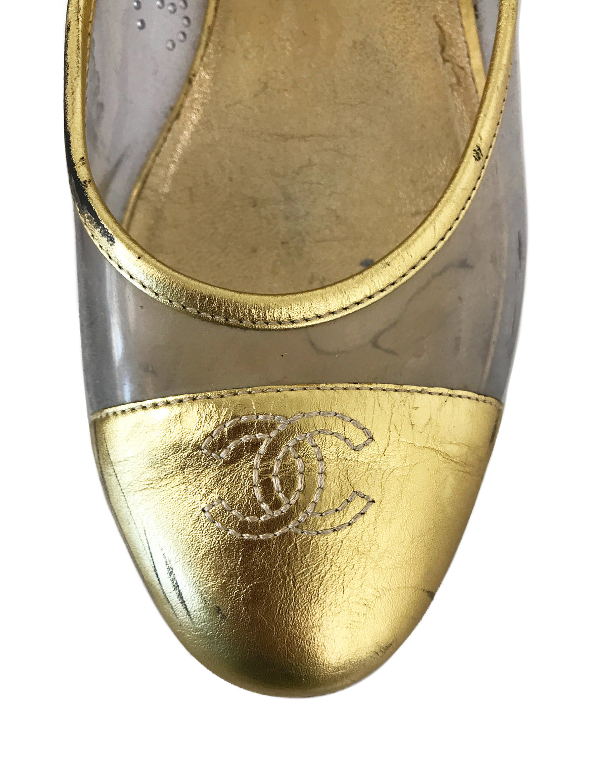 FRUIT Vintage Chanel Gold logo Perspex vinyl ballet flats shoes