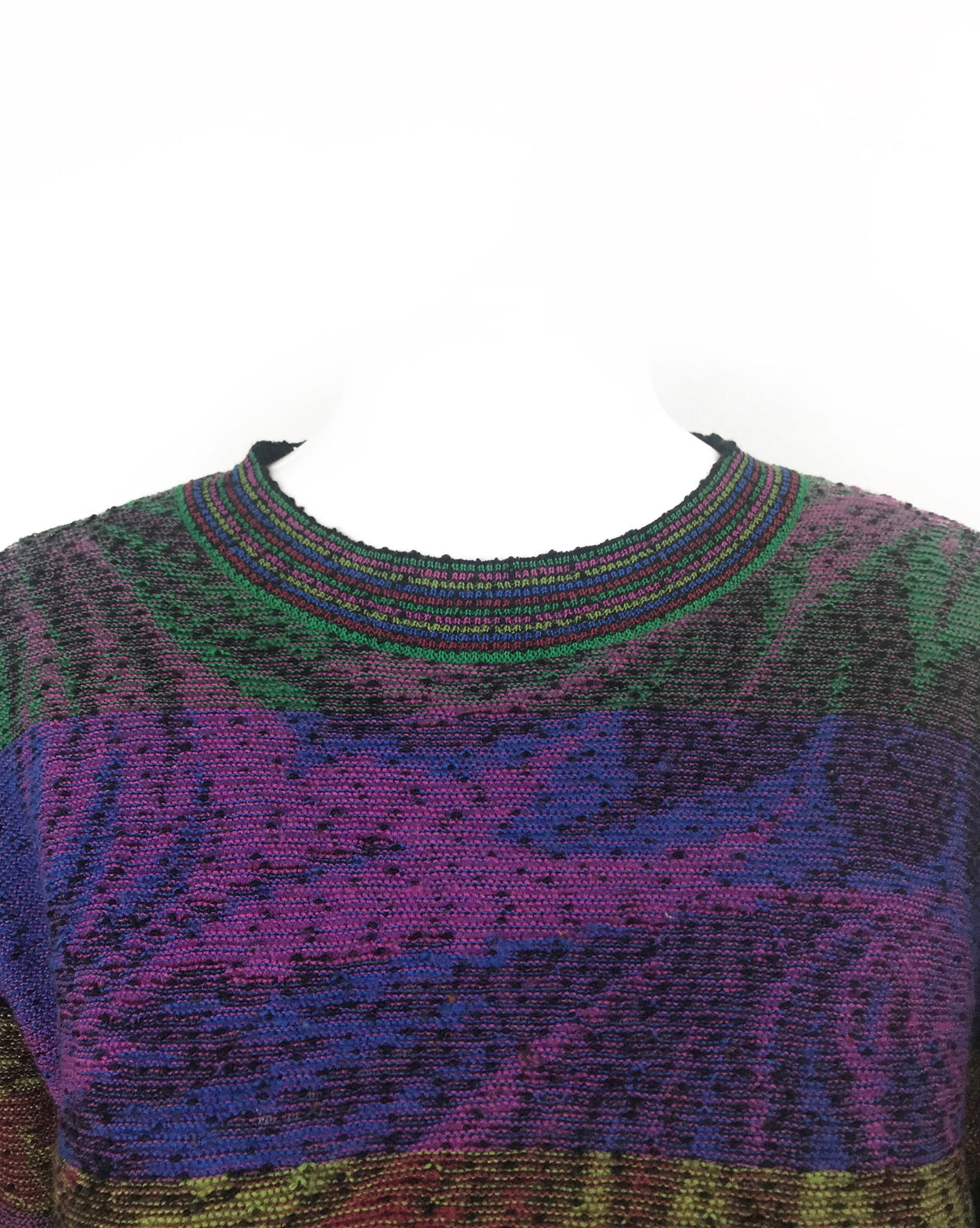 FRUIT Vintage Missoni 1980s knit sweater. Features a custom Missoni colourful print knit and banded cuff and hem.