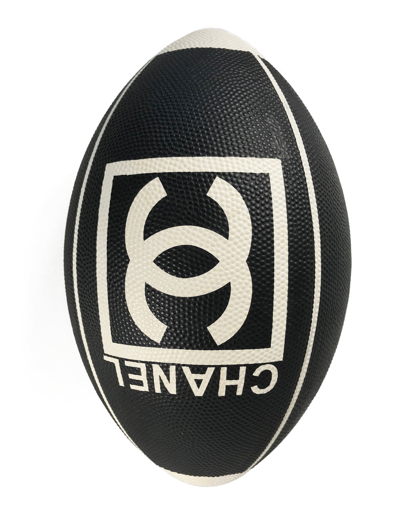 Fruit Vintage rare Chanel 2007 football. This Chanel sport logo foot ball by Karl Lagerfeld is an important Chanel collectors accessory. It features a large Chanel logo and text in black and white