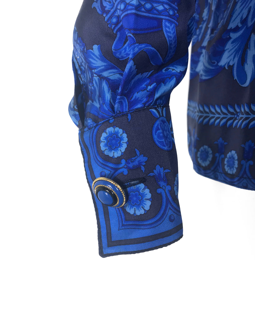 Fruit Vintage Gianni Versace Blue Baroque Print Silk Shirt Blouse