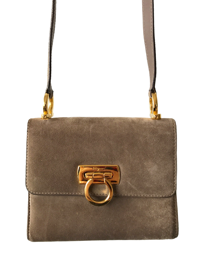 FRUIT Vintage 1980s Taupe Salvatore Ferragamo Cross Body Bag, with Ferragamo logo buckle closure.