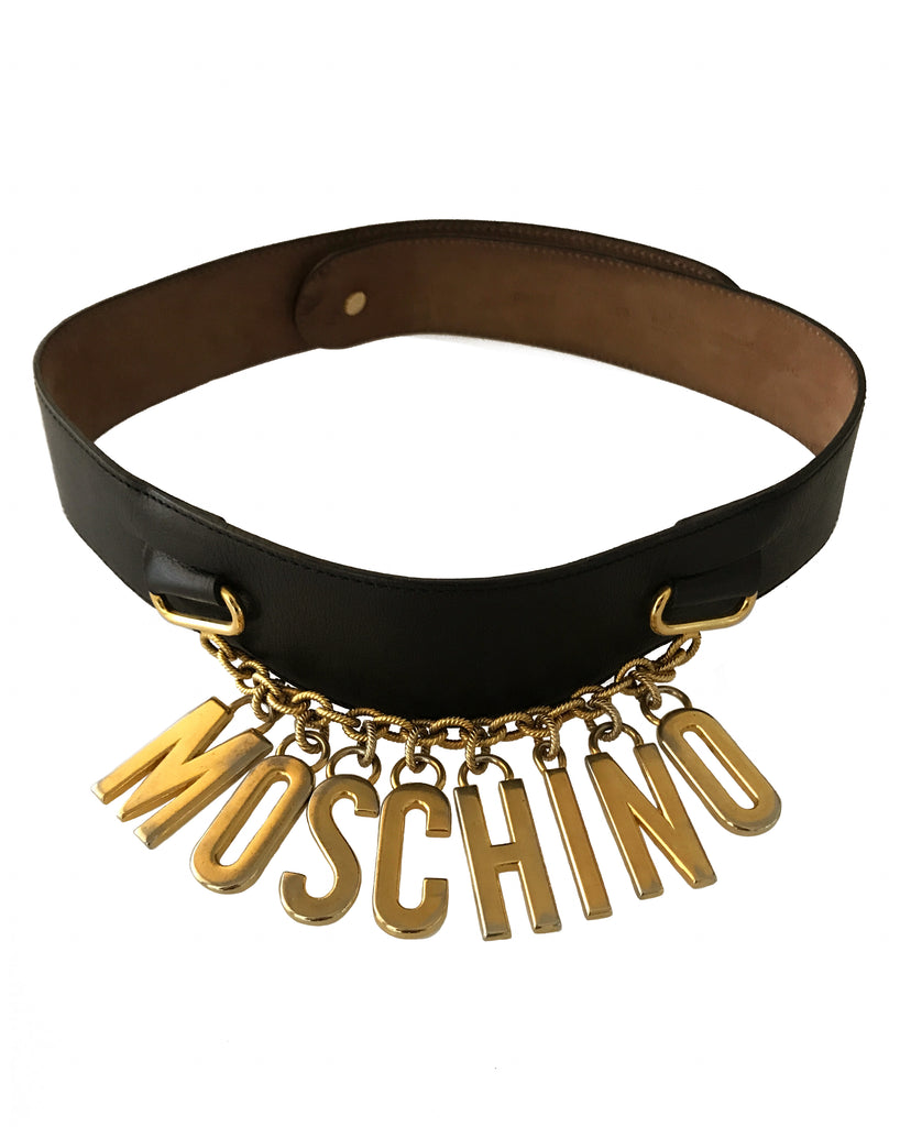1987 SHOP Vintage Moschino Redwall Gold Logo Chain Drop Black Belt