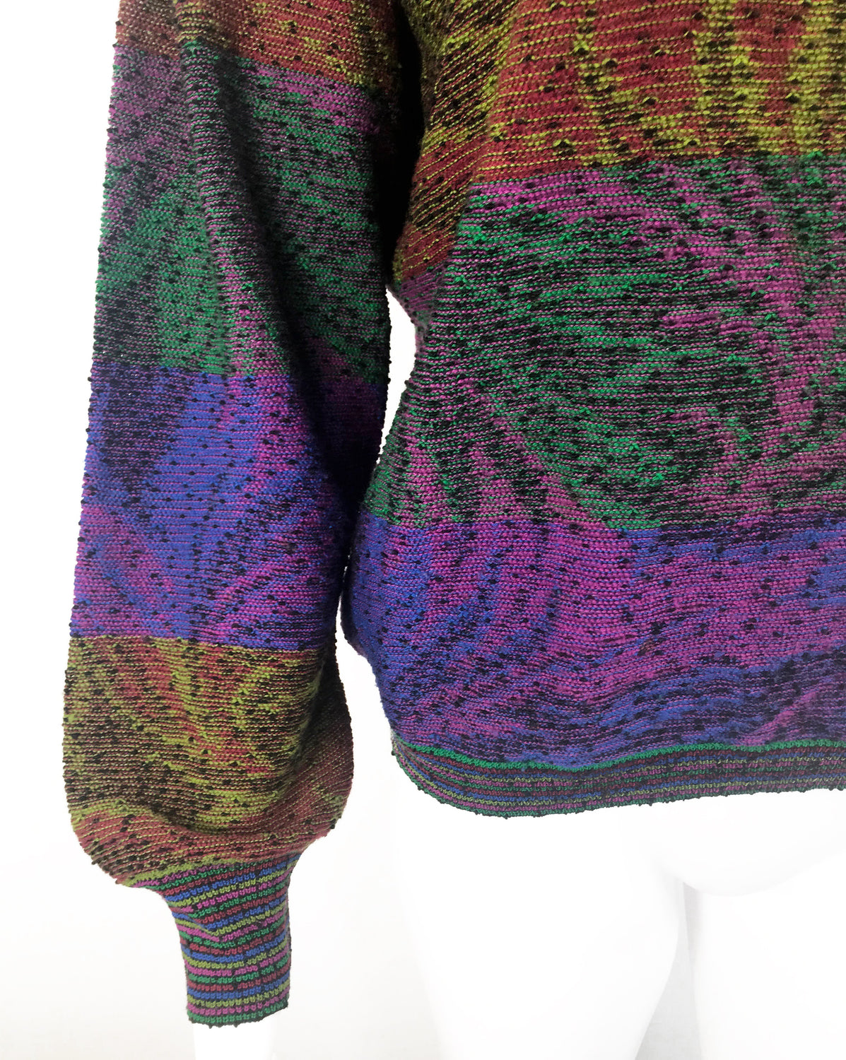 FRUIT Vintage Missoni 1980s knit sweater. Features a custom Missoni colourful print knit and banded cuff and hem.