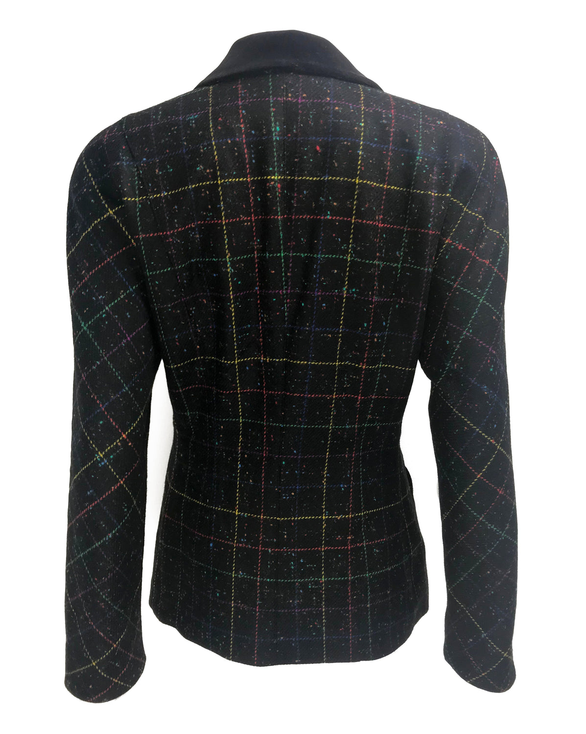 FRUIT Vintage Escada 1980s traditional style wool tweed blazer with standout rainbow checks. Features two front pockets and a classic velvet contrast collar.