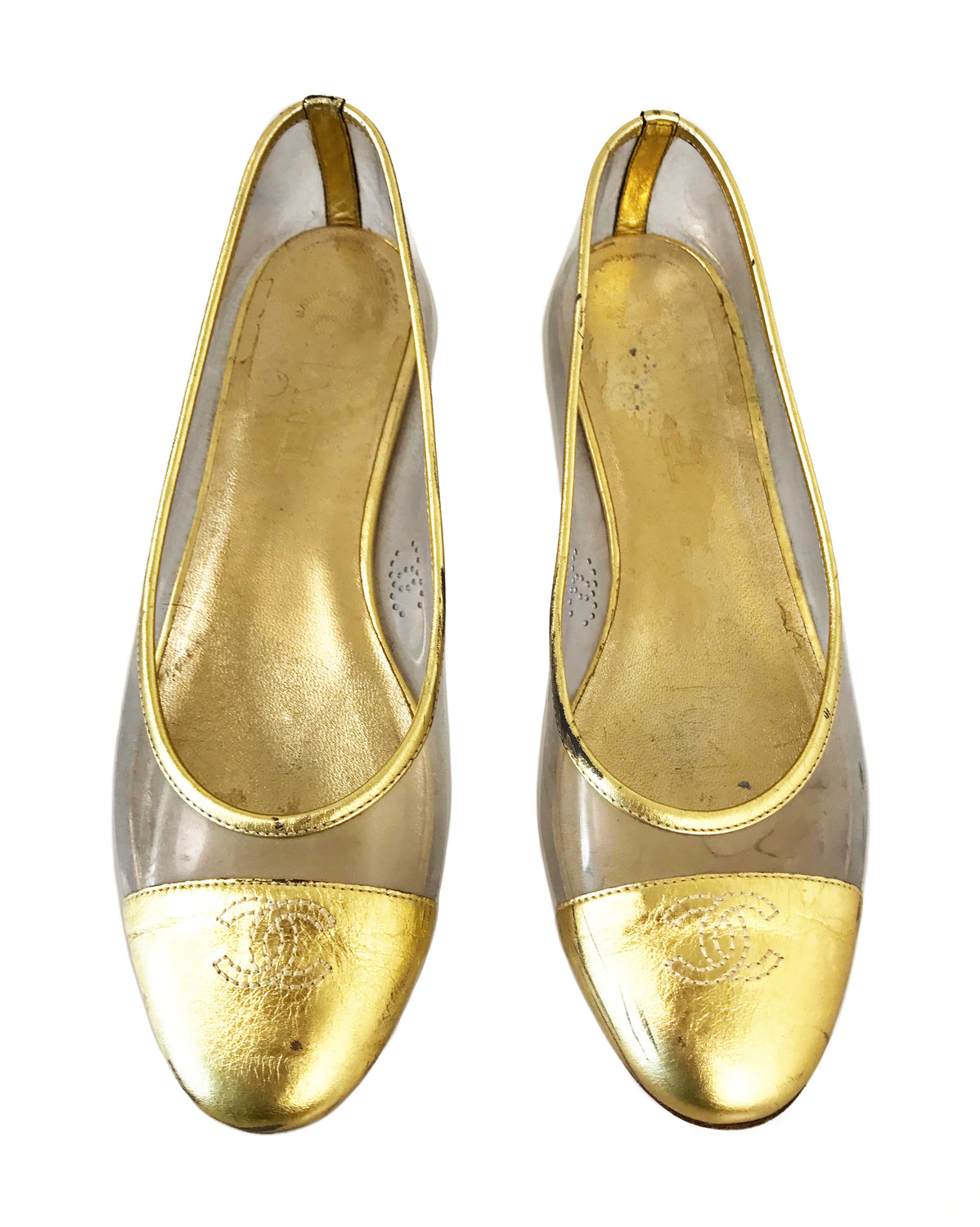 FRUIT Vintage Chanel Gold logo Perspex vinyl ballet flats shoes