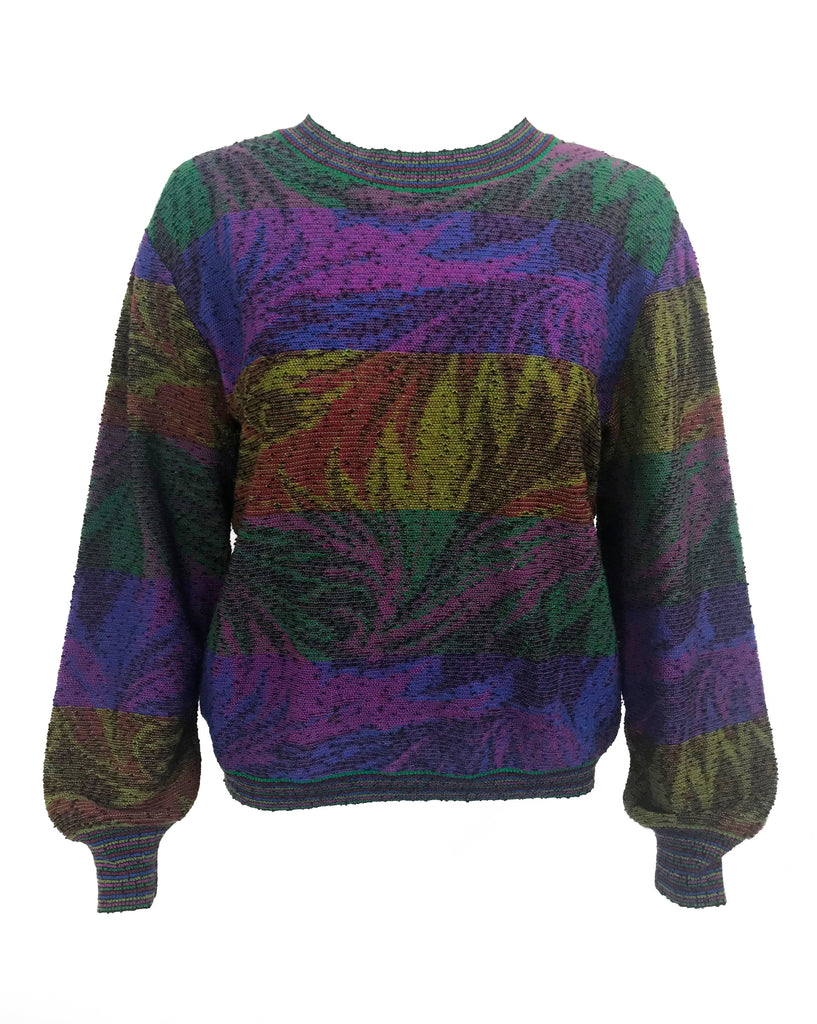 FRUIT Vintage Missoni 1980s knit sweater. Features a custom Missoni colourful print knit and banded cuff and hem.