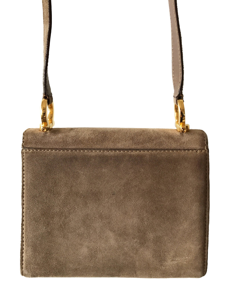 FRUIT Vintage 1980s Taupe Salvatore Ferragamo Cross Body Bag, with Ferragamo logo buckle closure.