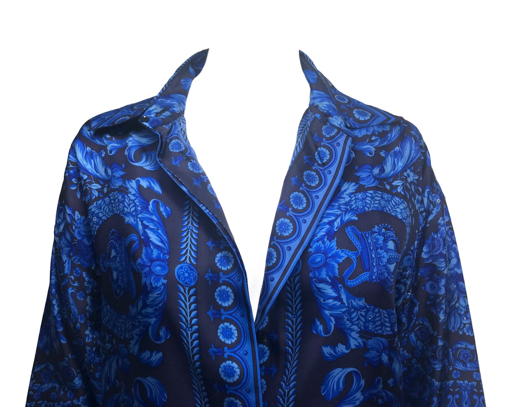 Fruit Vintage Gianni Versace Blue Baroque Print Silk Shirt Blouse