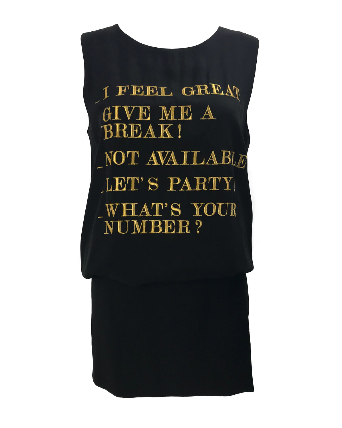 Fruit Vintage Moschino Text Slogan Dress Black Gold Embroidery