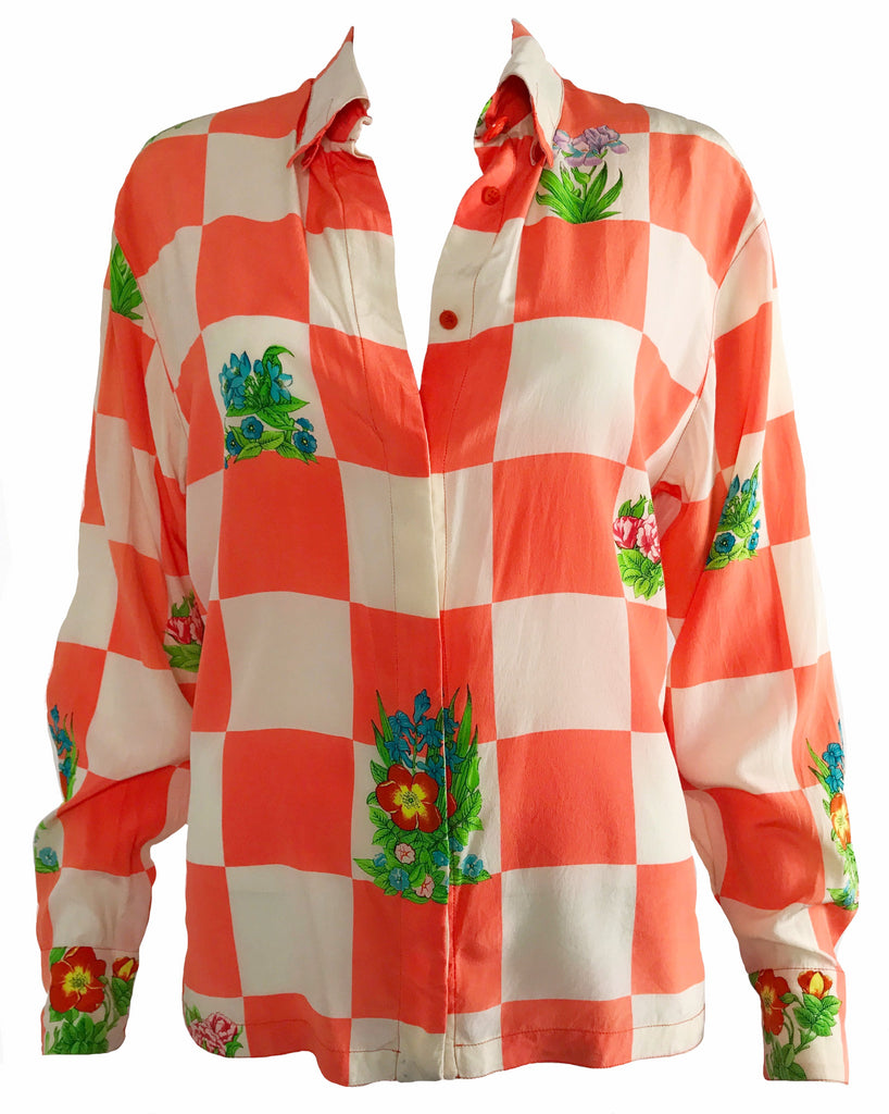 1987 SHOP Vintage Versace by Gianni Versace Neon Checker Board silk Shirt 1980s