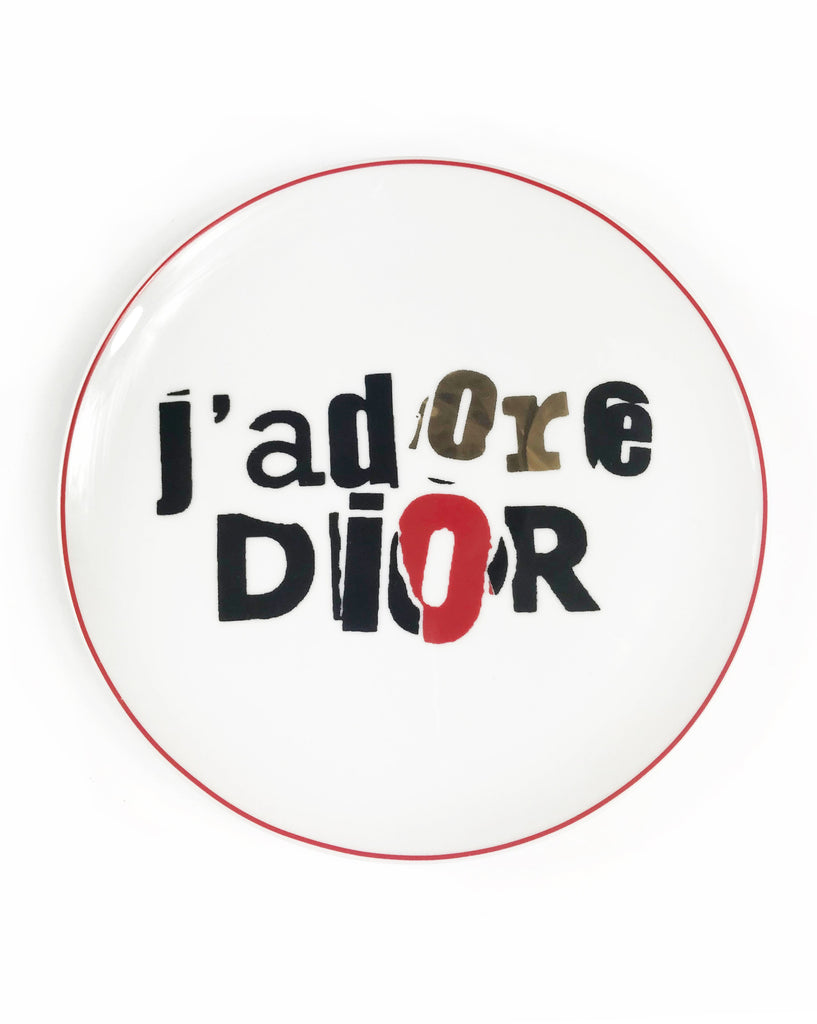 FRUIT Vintage Christian Dior J'adore Dior porcelain plate set. They feature an iconic newspaper cut-out version of the Jadore Dior logo monogram print in black, white and gold.