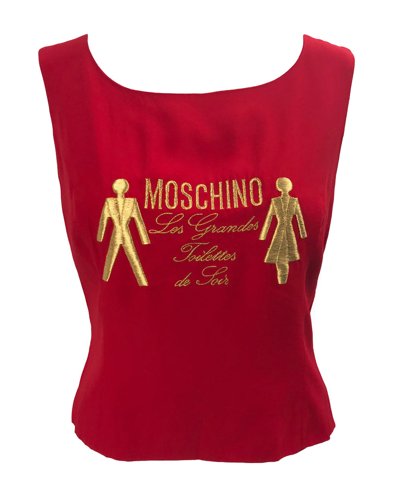 Fruit Vintage Moschino Logo Text Slogan Top Red Gold Embroidery