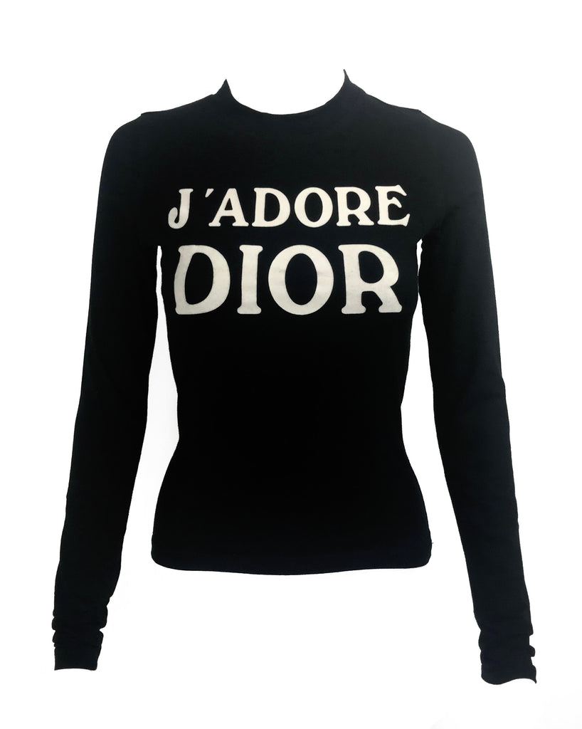 Fruit Vintage Christian Dior Black and White J'adore Dior long sleeve top by John Galliano. Features a classic crew cut and flocked logo print detailing in white front and back, as seen on Sex and the City and Khloe Kardashian.