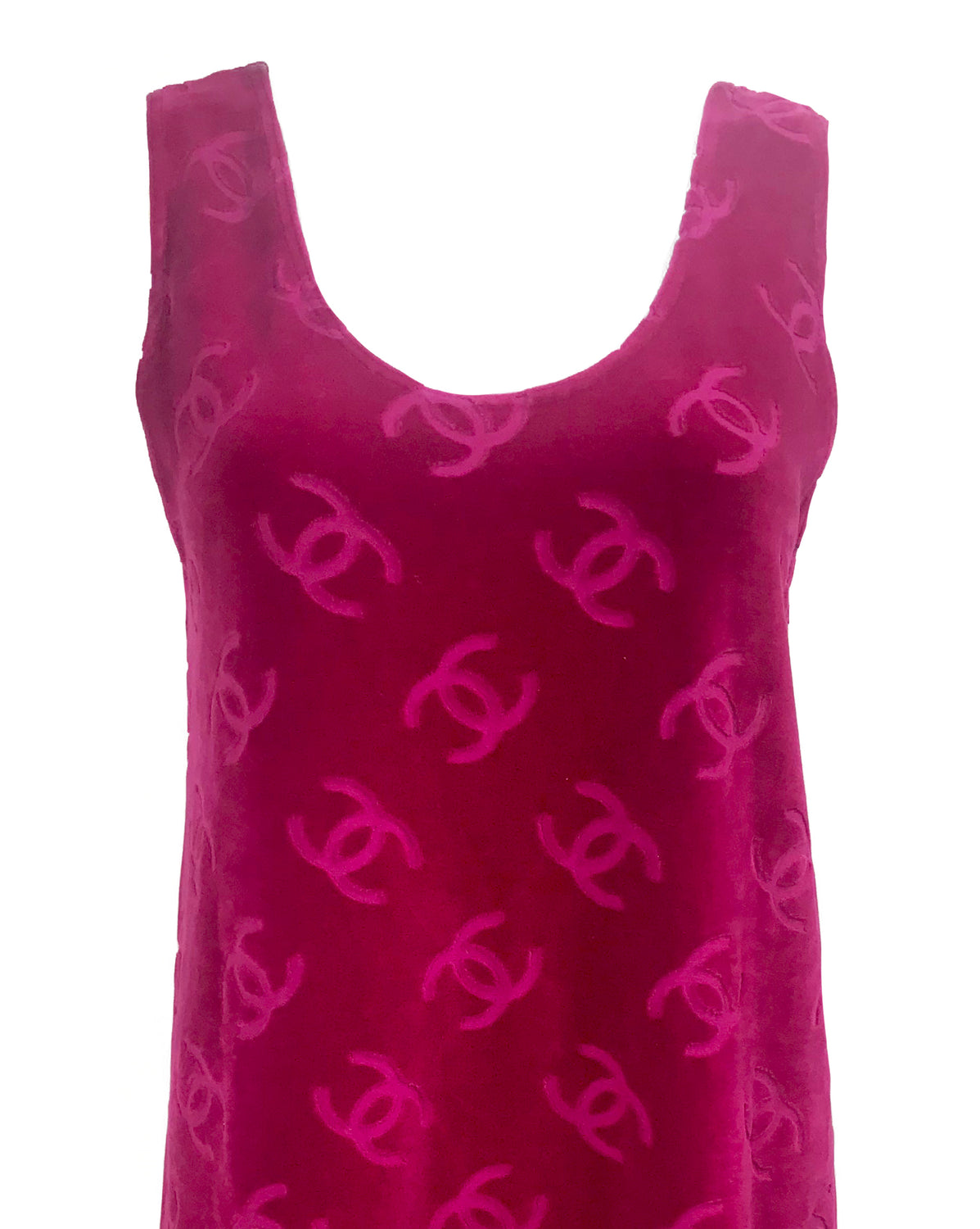 FRUIT Vintage very rare Pink Chanel Logo Velour Tank Dress from the Spring Summer 1996 collection as worn by Kylie Jenner.