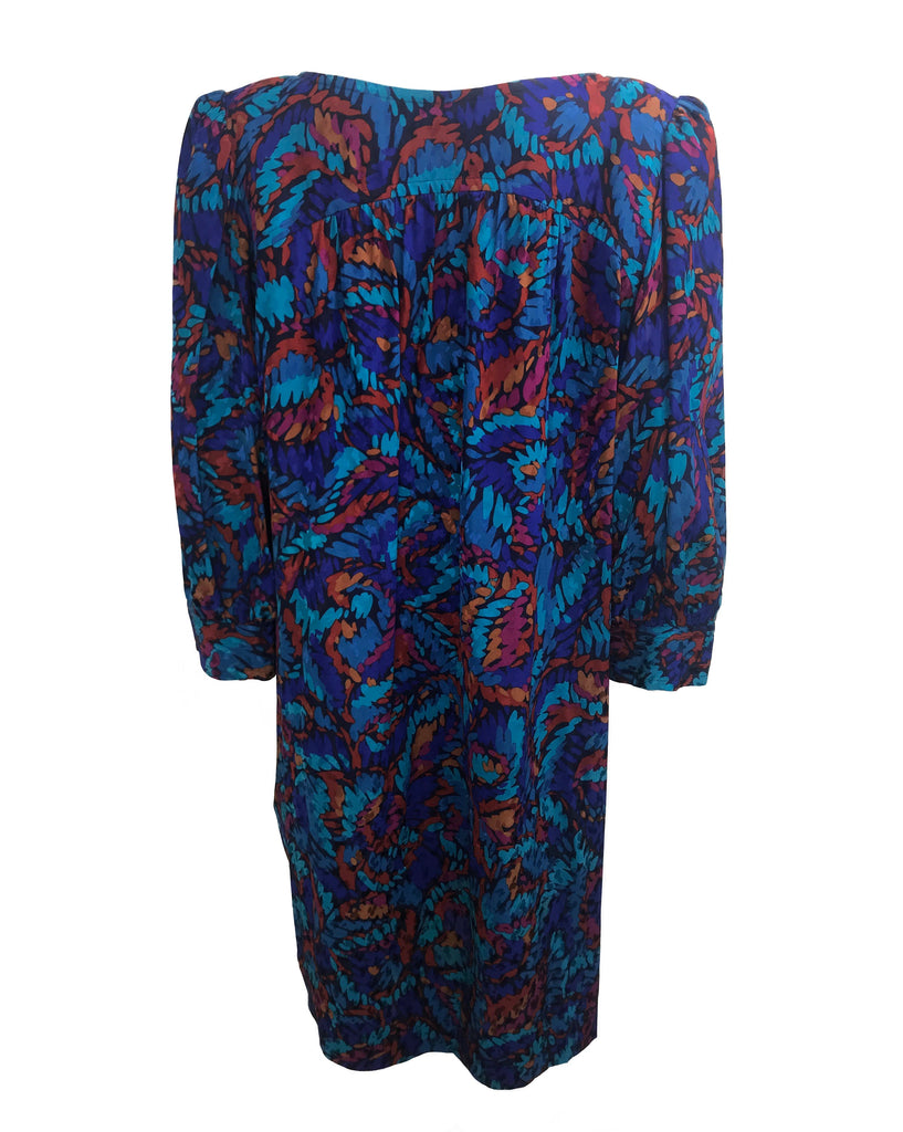 FRUIT Vintage Yves Saint Laurent Rive Gauche printed silk tunic dress. Features boxy 80s tunic cut, shoulder pads and pockets.